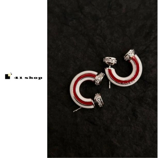 铜合金耳饰 B-1红白条C圈耳环前后两戴百搭小众简约镶嵌