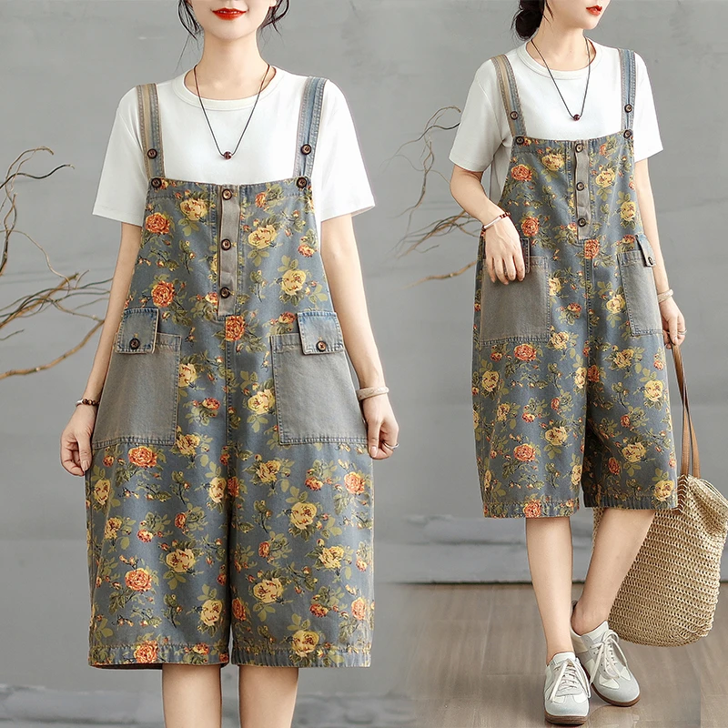 2025夏季印花休闲韩版薄款背带裤工装风牛仔裤减龄复古裤子大码