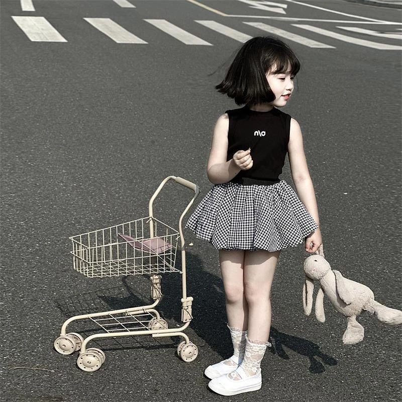 夏季女童洋气小公主洋气时髦学院风儿童宝宝夏装背心蓬蓬裙子套装