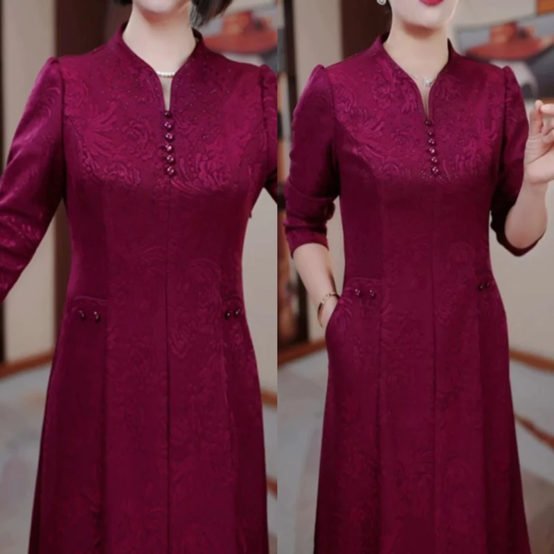 【衣雅严选】8088-1543#新款锦丝弹力缎提花刺绣烫钻旗袍连衣裙