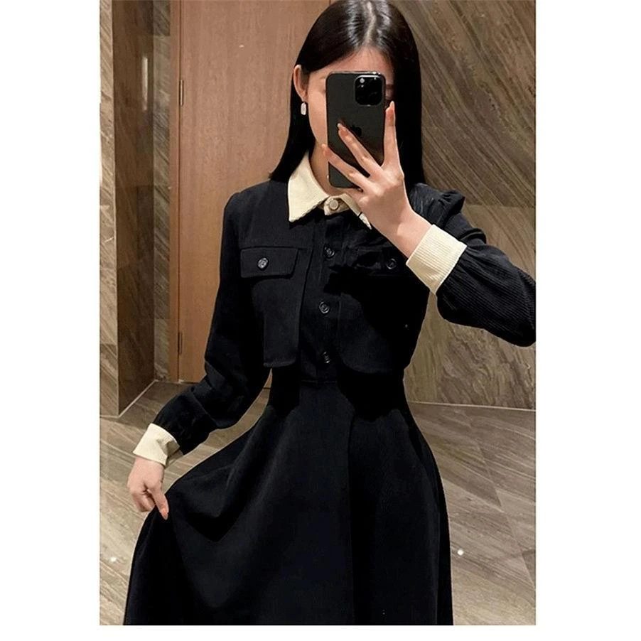 【灯芯绒】秋冬新款小个子黑色假两件连衣裙法式小香风赫本收腰长