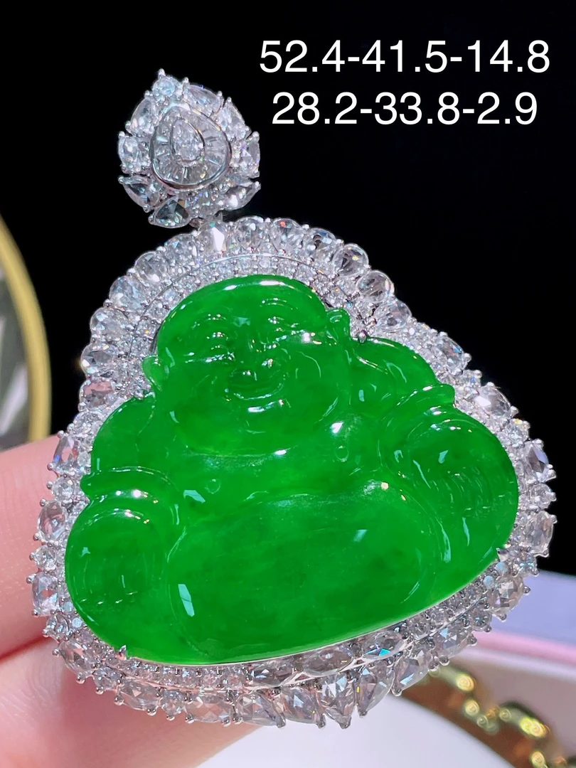 翠翠笙  天然缅甸翡翠A货 满绿佛公吊坠 18k金镶嵌钻石  细腻水灵