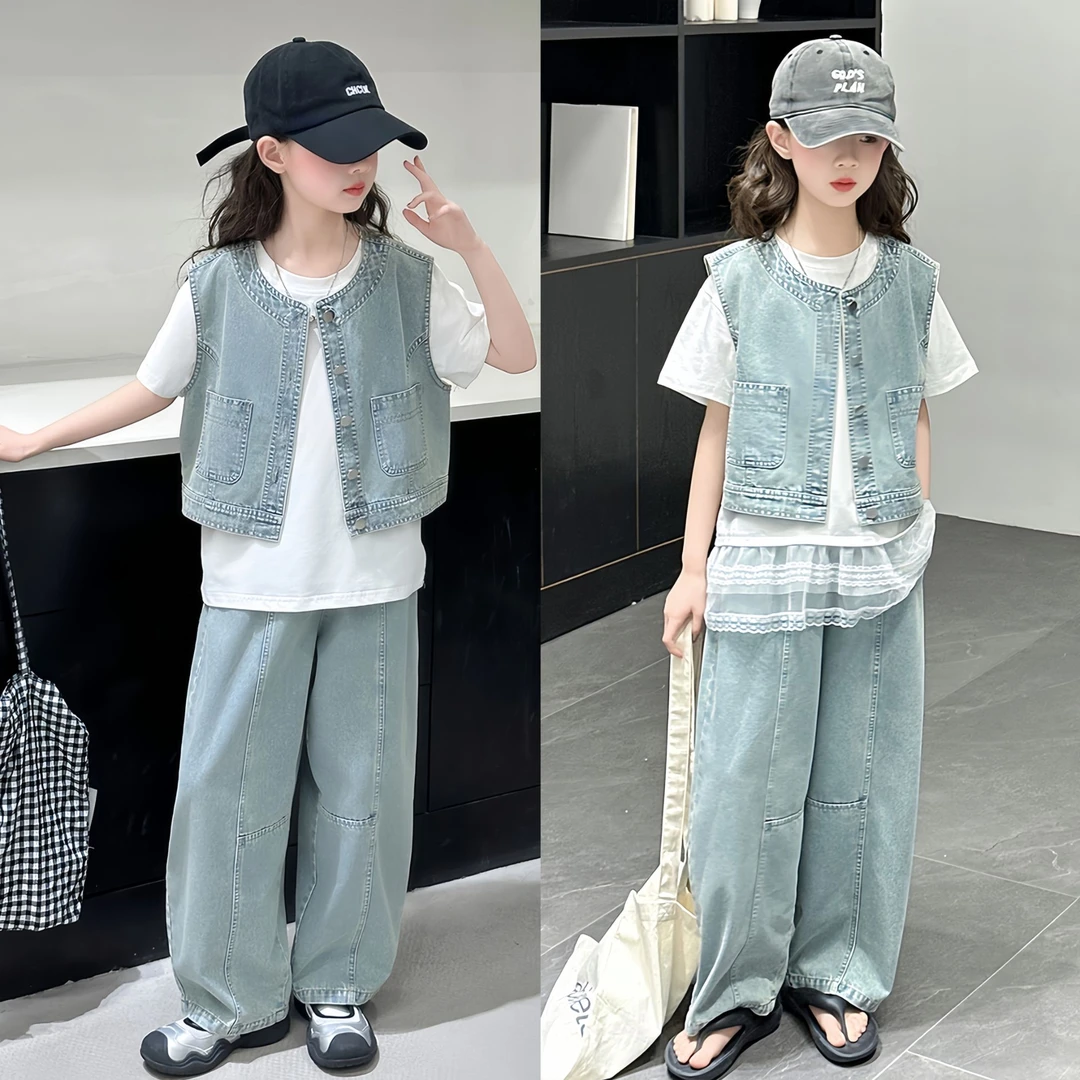 女童休闲时尚儿童夏季洋气牛仔三件套2025新款中大童5-12岁15岁潮