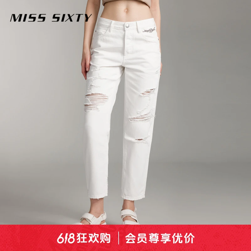 Miss Sixty夏季新款牛仔裤女破洞钻饰链直筒裤美式休闲风