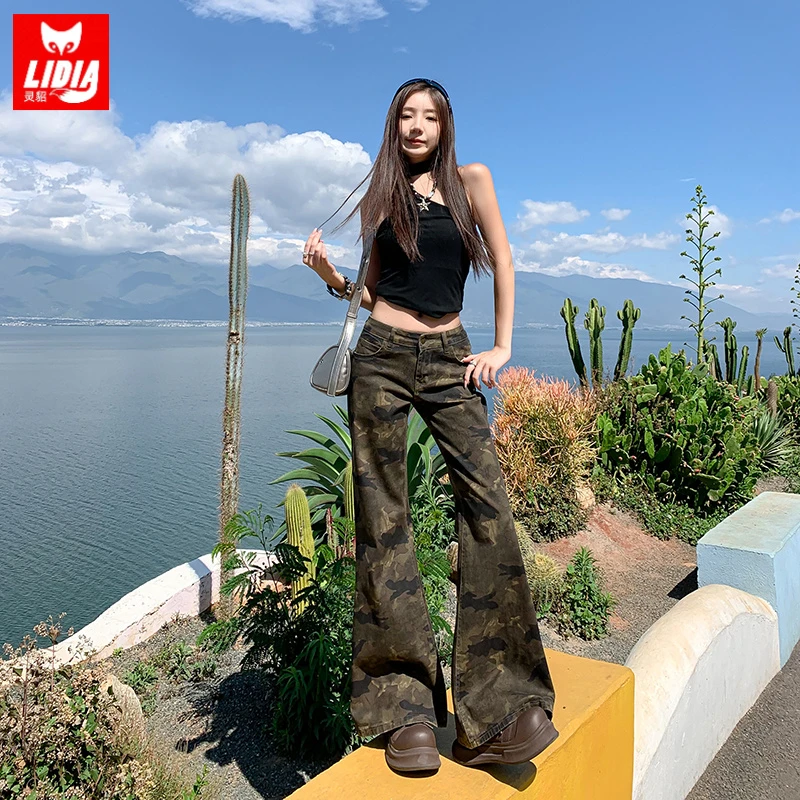 迷彩微喇叭牛仔裤女2025年夏季新款低腰不贴腿美式辣妹复古显瘦高