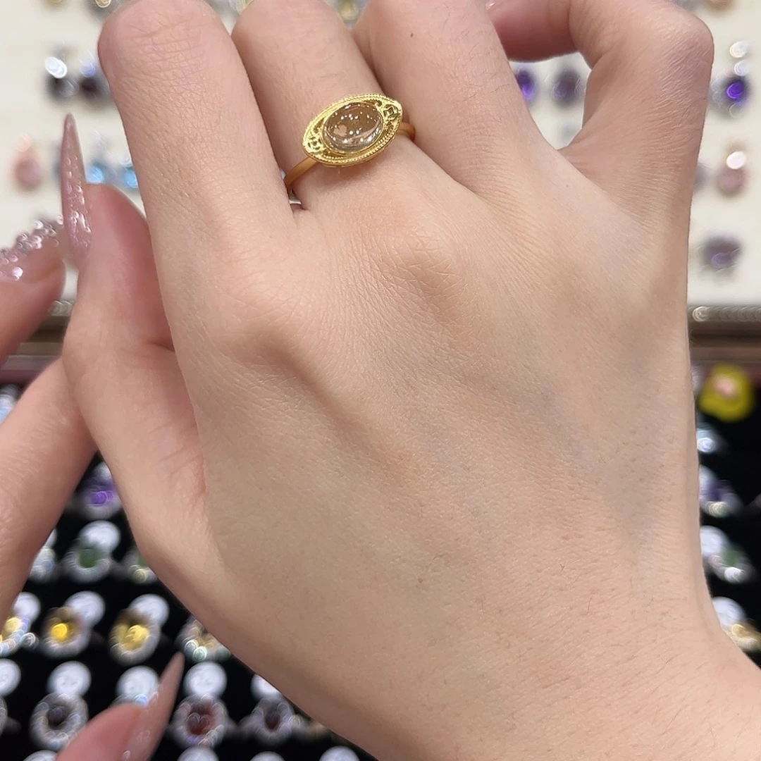 戒指黄晶银S925镶嵌金托不保色