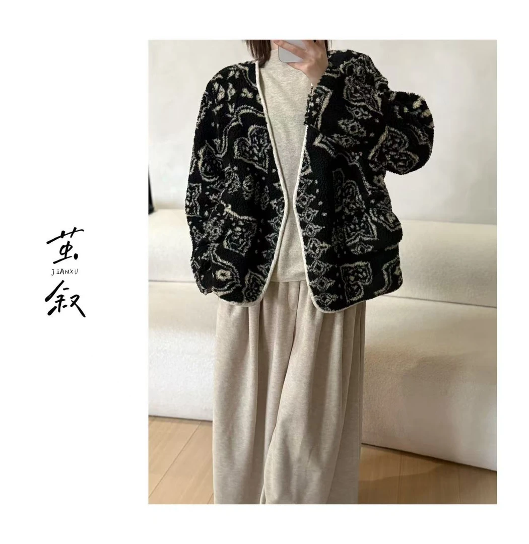 JIAN.XU休闲百搭设计款提花麻棉仿羊羔毛两面穿外套