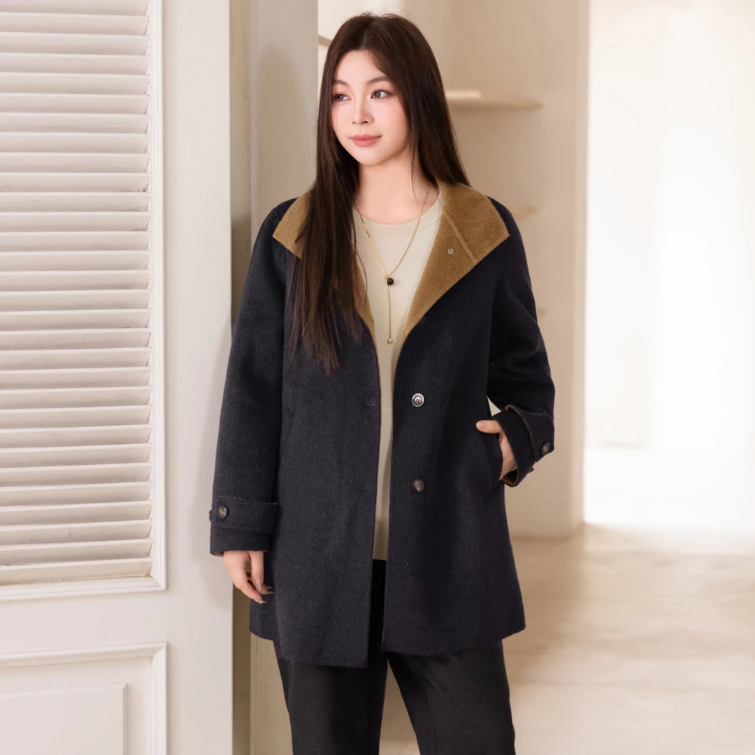 【绵羊毛山羊绒】MsShe大码女装2025冬装撞色双面呢大衣A2510013