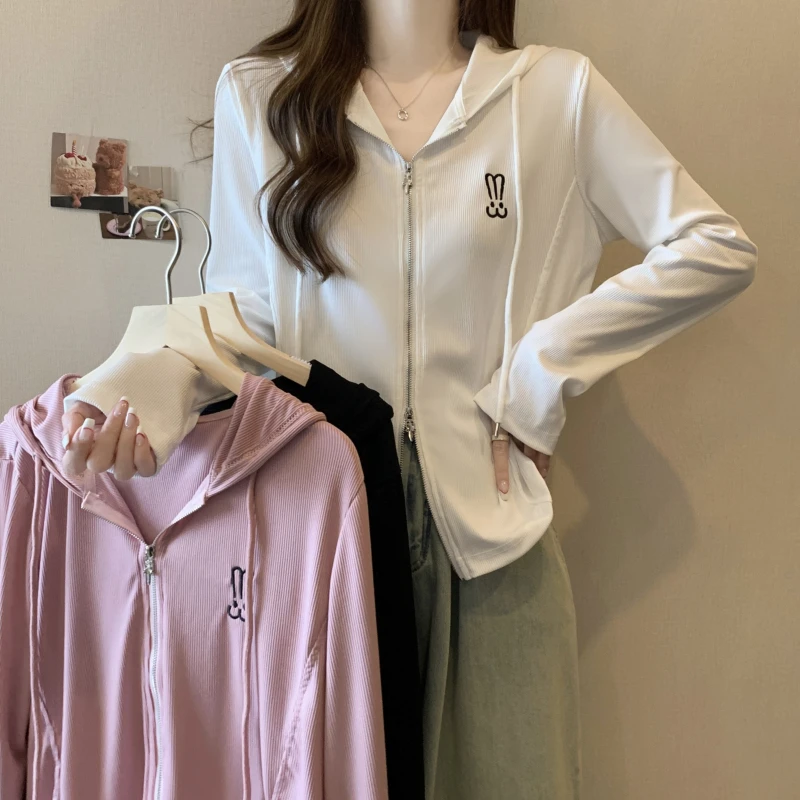 3735大码女装胖mm设计感连帽刺绣百搭显瘦开衫长袖上衣2465