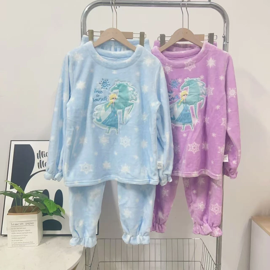 1080女童冰雪刺绣法兰绒套头保暖舒适家居服套装春秋季家居服卡通