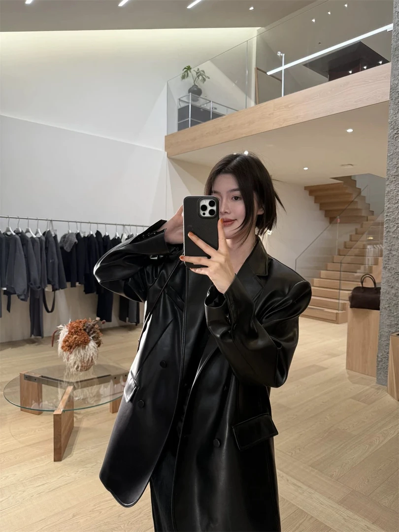 新款宽松翻领pu皮衣西装外套女2025春新气质可斜扣上衣