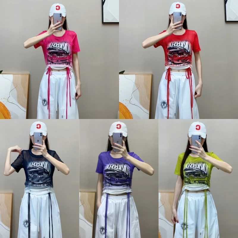 夏季新款字母车印花扎染渐变腰间抽绳网纱短袖广场舞曳步舞跳舞服