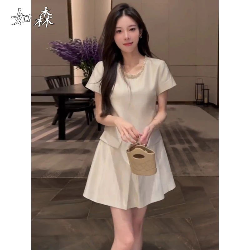 夏季女装气质小香风短袖连衣裙小个子穿搭高级感小众镶钻A字裙子