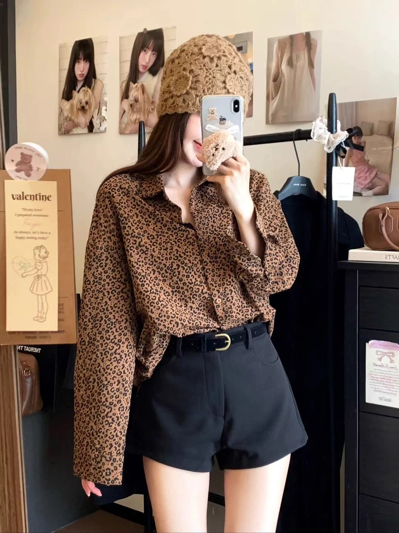 GZ 6715女慵懒风复古豹纹长袖衬衫女春季新款宽松休闲小众上衣