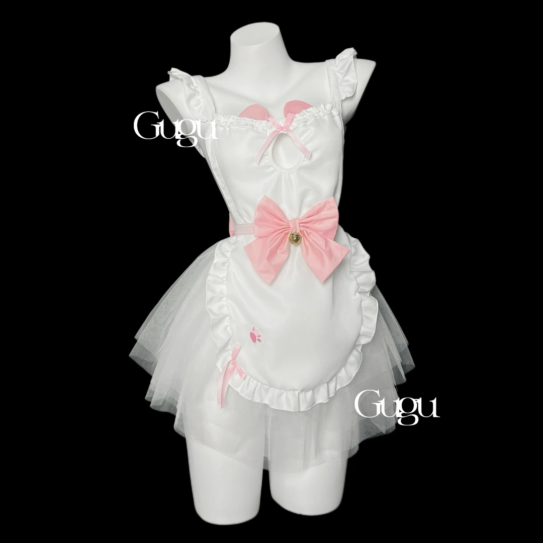 GUGU【萌爪出击】日系甜美蝴蝶结围裙蓬蓬裙软妹情侣趣味cos服女仆