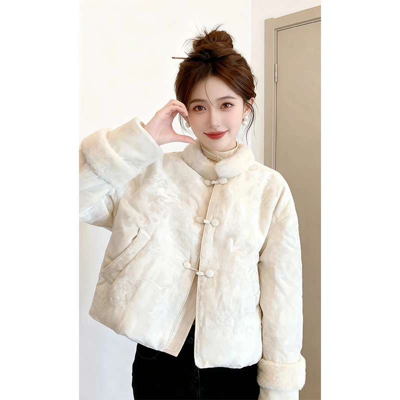 新中式国风复古提花拼接毛领棉衣棉服女冬温柔气质保暖面包服外套