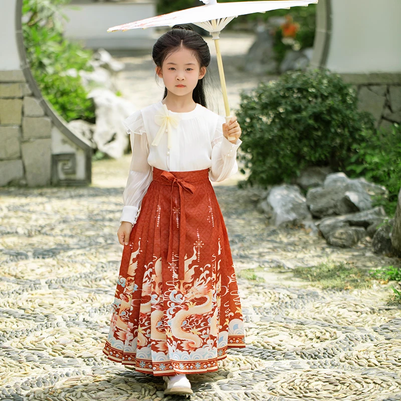 著纱.若水 国庆儿童马面裙国风半身裙中国红2025秋款男女同款古风