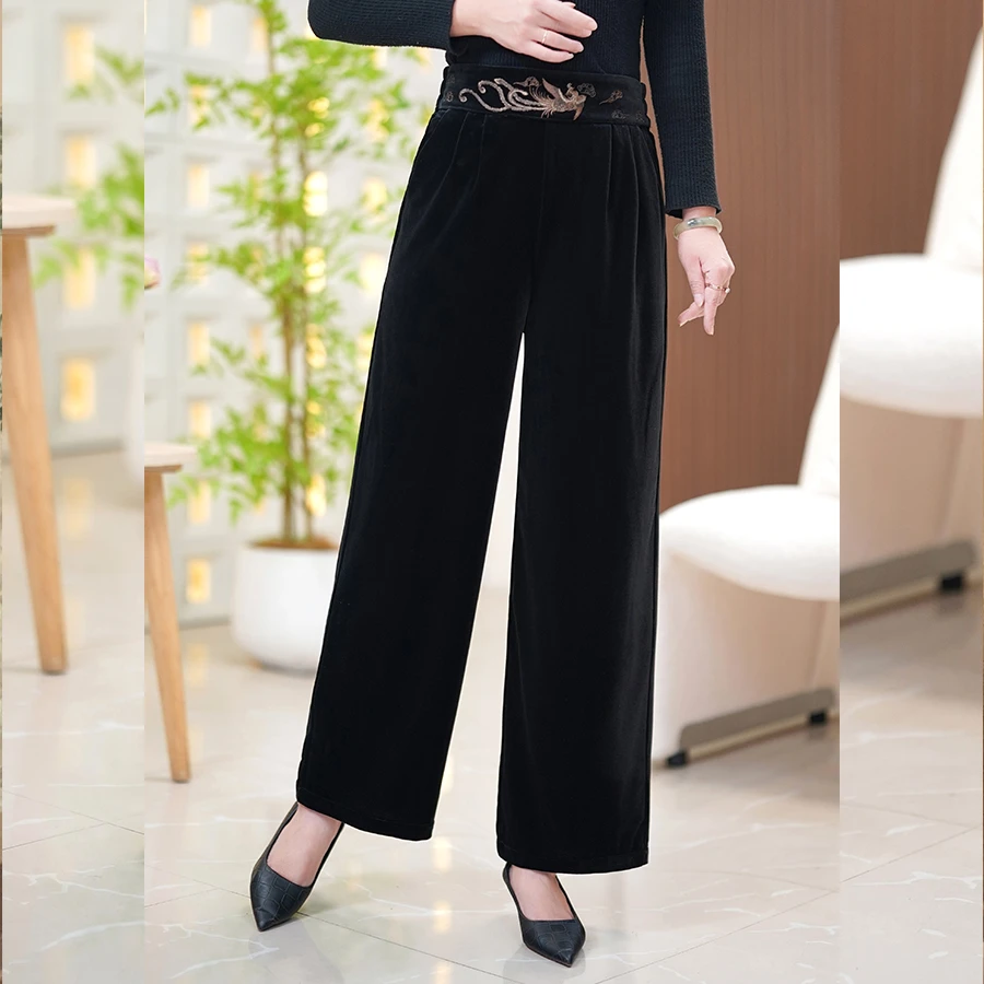 凤凰刺绣丝绒直筒裤