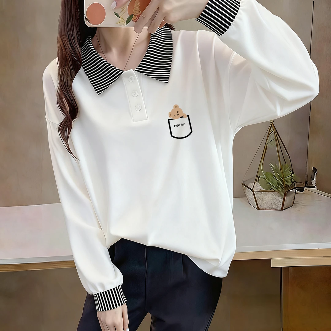 秋款长袖休闲女士t恤小众设计条纹拼接POLO领减龄上衣印花打底衫