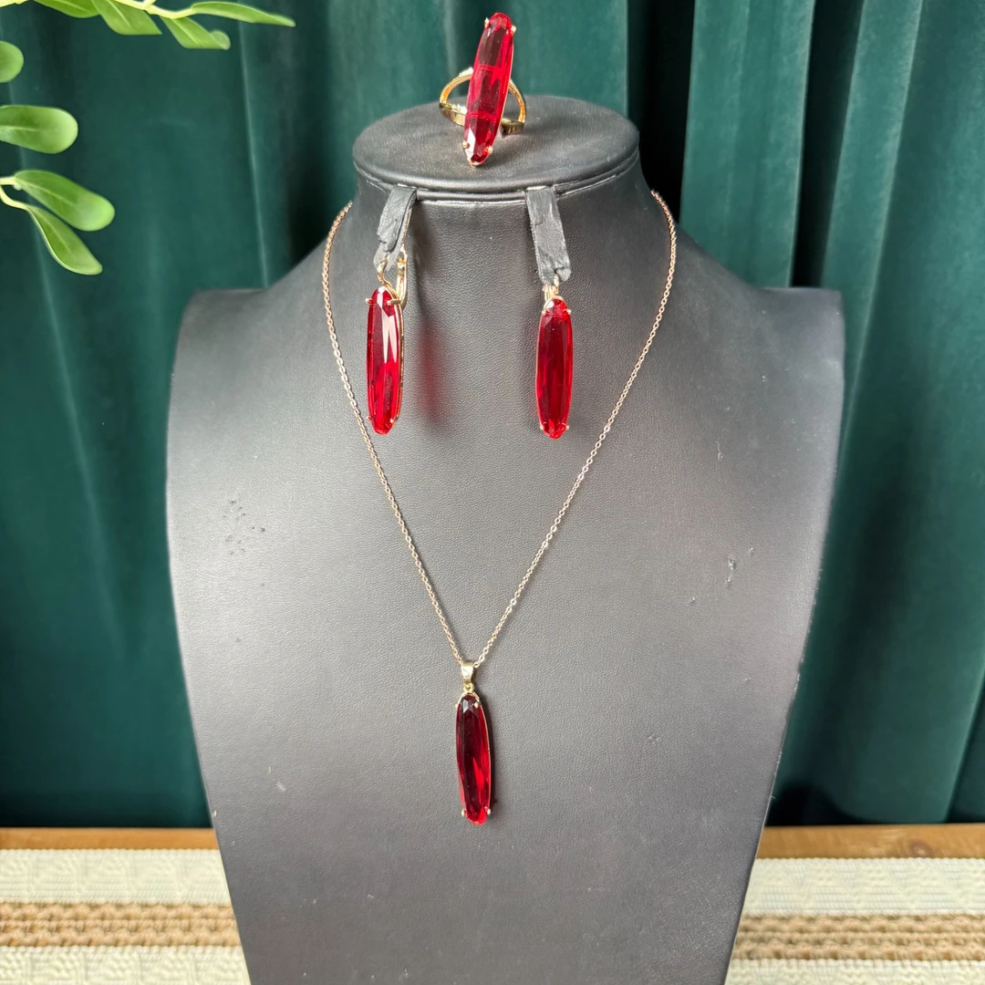 铜合金项链 TJ005 铜合金仿红宝长款首饰 三件套