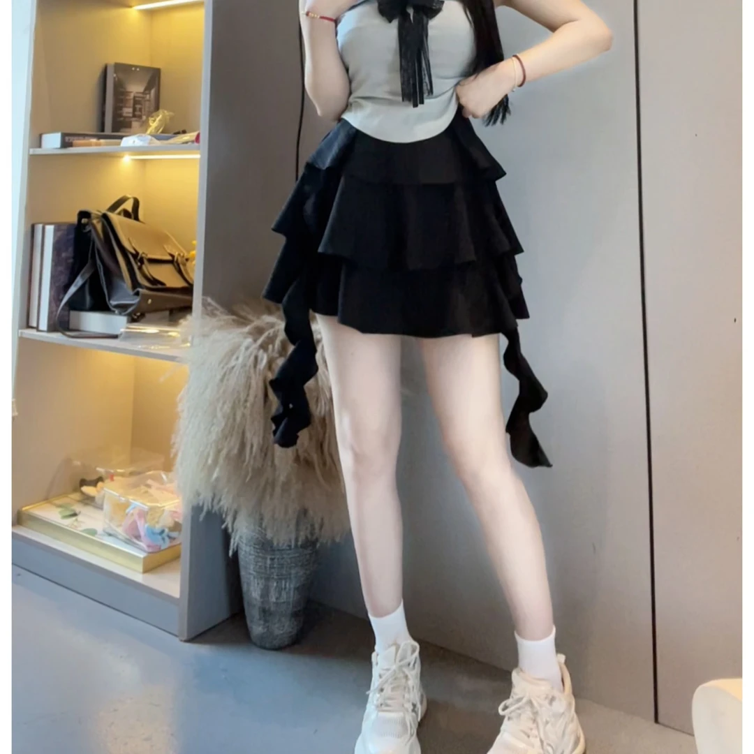 7890微胖mm显瘦半身裙夏季防走光裙子褶皱高腰A字短裙