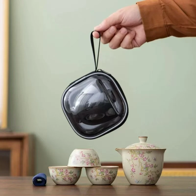 A48紫藤花黄汝一壶三杯旅行茶具套装带便携包茶巾