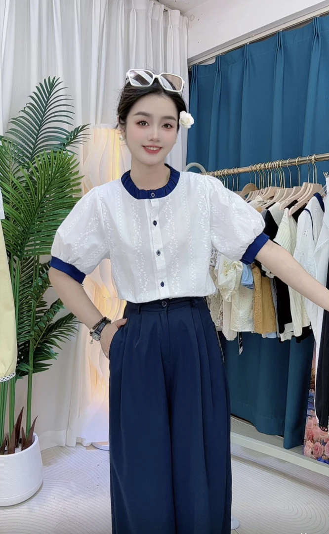 设计感2025夏季新款圆领单排扣小衫蕾丝刺绣撞色短袖衬衫女上衣潮