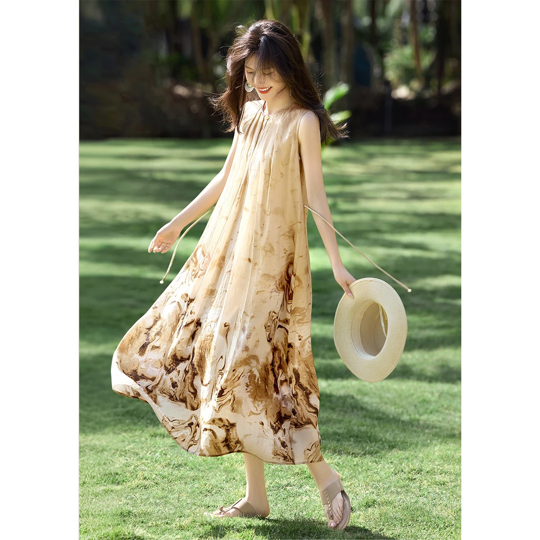 XWI/欣未2025夏款极简印象派东方之美水墨晕染印花无袖连衣裙6070