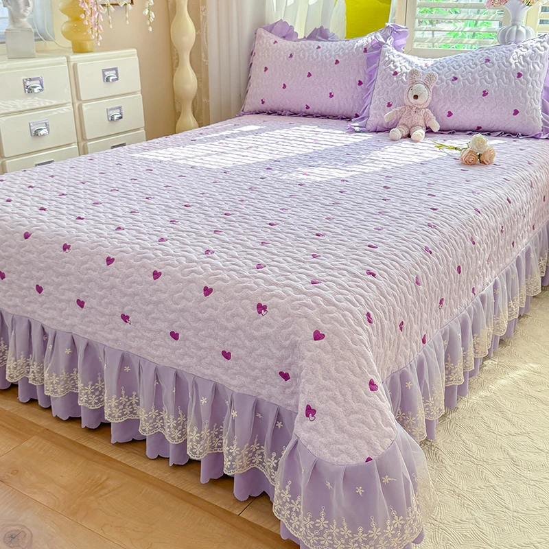 四季通用床盖被套三四件套蕾丝花边韩版透气亲肤机洗绗缝防滑床