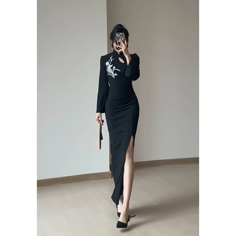 新中式国风竹叶刺绣黑色改良旗袍连衣裙气质名媛高级感长袖收腰裙