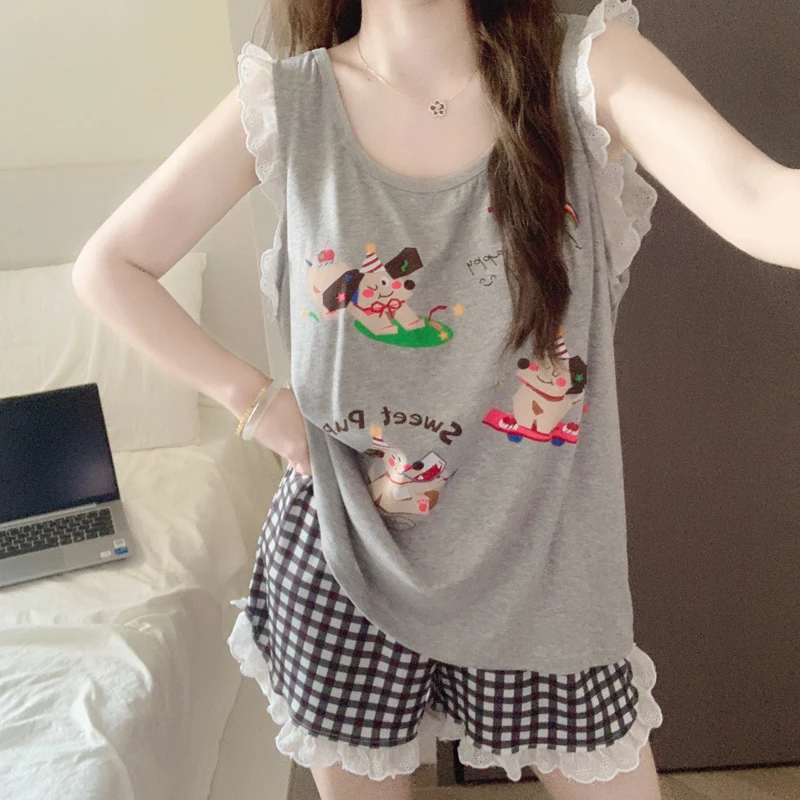 【带胸垫一体】背心短裤睡衣女款夏季莫代尔格子狗狗花边家居服套装