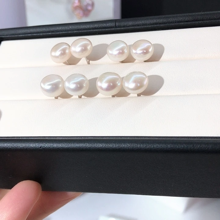 银S925镶嵌淡水珍珠耳饰10mm 发一对