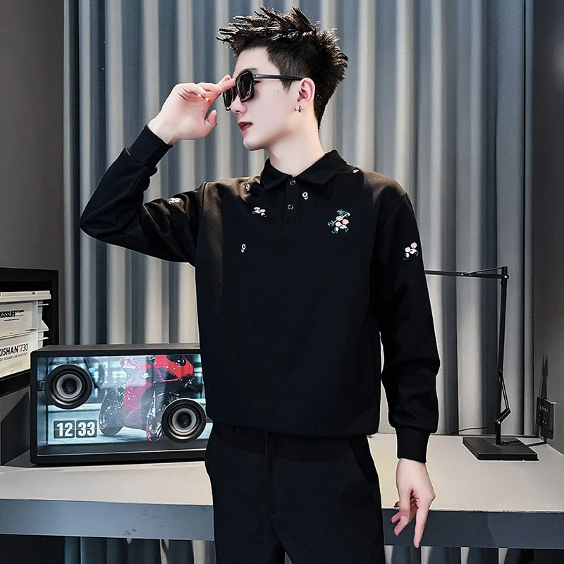 polo衫男翻领刺绣男装修身型秋季潮流休闲男士翻领打底卫衣春秋