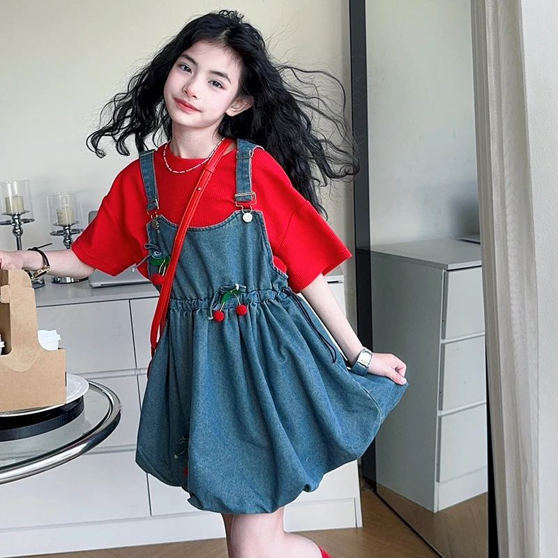 女童夏季连衣裙套装2025新款夏装洋气女孩短袖牛仔背带裙两件套潮