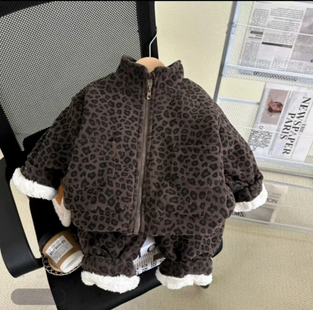 【加绒套装】2025秋冬新款儿童加绒立领拉链洋气豹纹套装