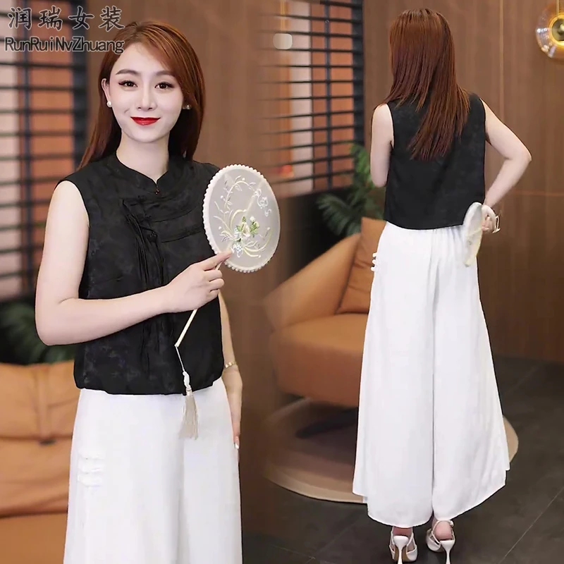 衬衫复古夏季中国风休闲修身修身型新中式无袖夏装2025唐装两件套
