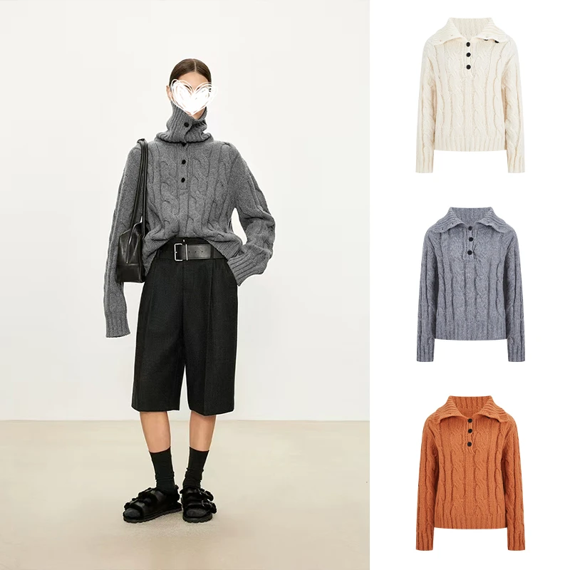 Moses Queen/魔西女王老钱风高领麻花毛衣翻领秋冬针织衫宽松上衣
