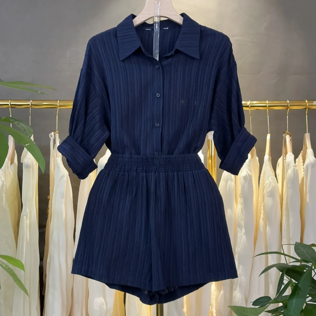 2025夏季新款休闲时尚洋气通勤套装简约衬衫+短裤外穿两件套M272