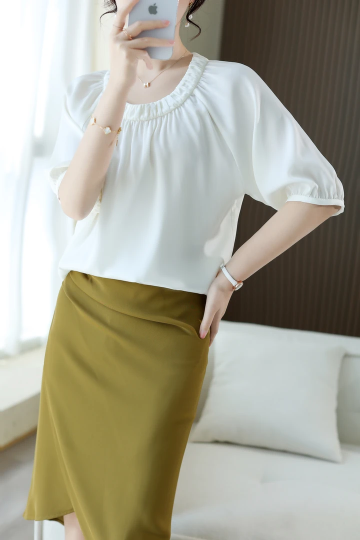 短袖轻熟风新中式民族风纯色100%桑蚕丝T恤夏装白色时尚显瘦58797