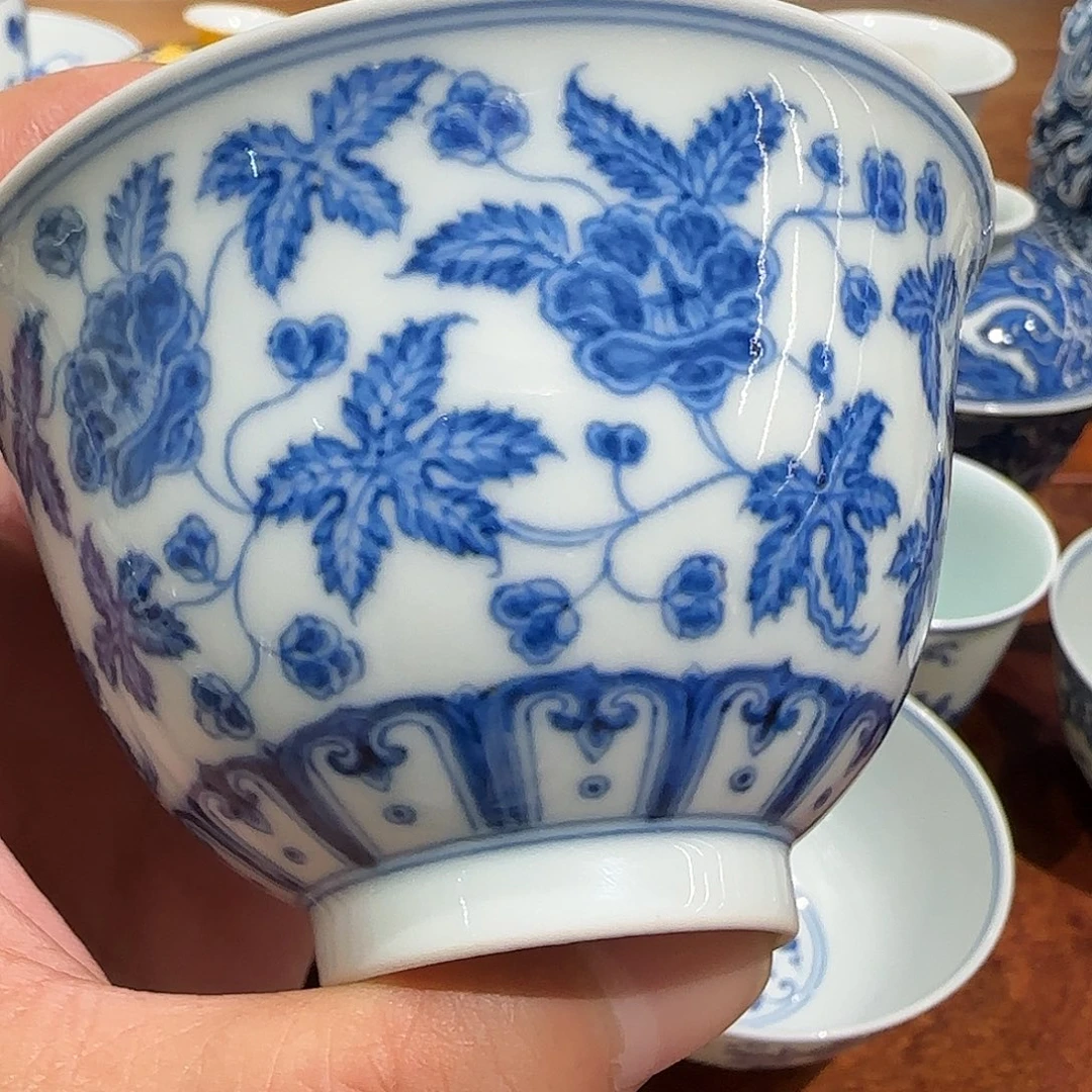 刹***恒景德镇青花蜀葵盖碗