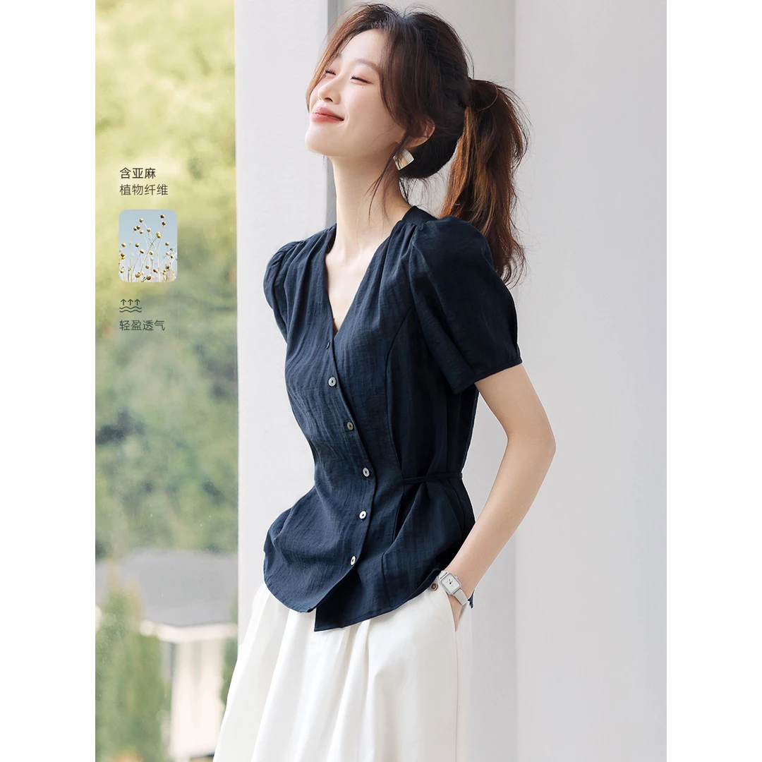 沫晗依美25夏新法式复古设计感泡泡袖收腰系带短袖衬衫3592