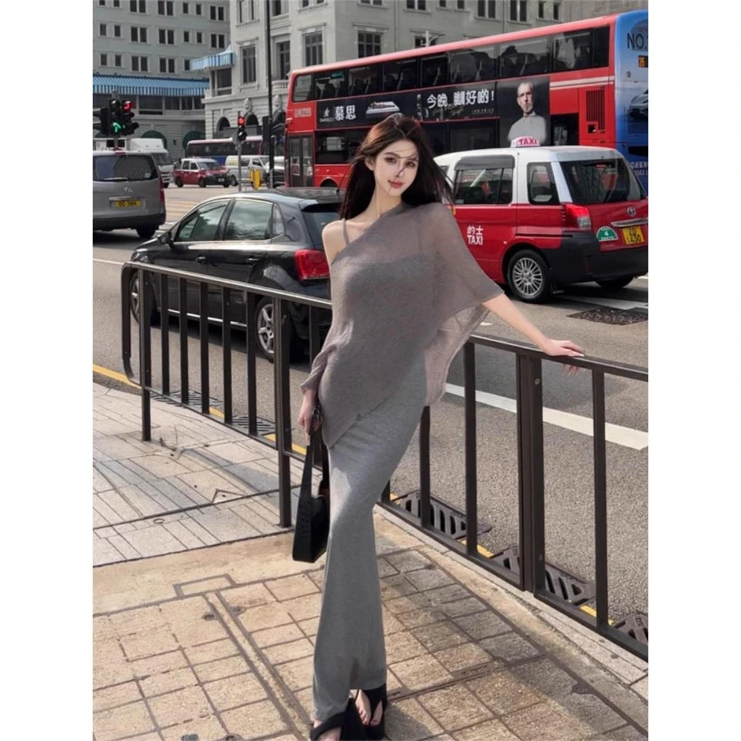 气质夏季韩版性感官图 008# 冰麻 品质 宽松斜肩冰丝针织薄款女