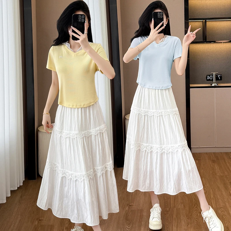 小个子显高穿搭套装女夏季2025新款蕾丝拼接连帽短袖半身裙两件套