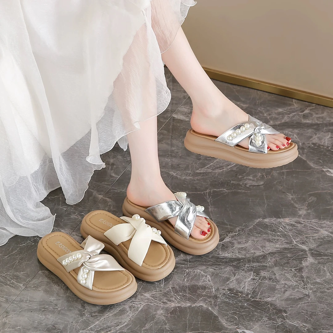 法式珍珠凉拖鞋女童2025新款夏季外穿仙女风配裙子厚底沙滩厚底鞋