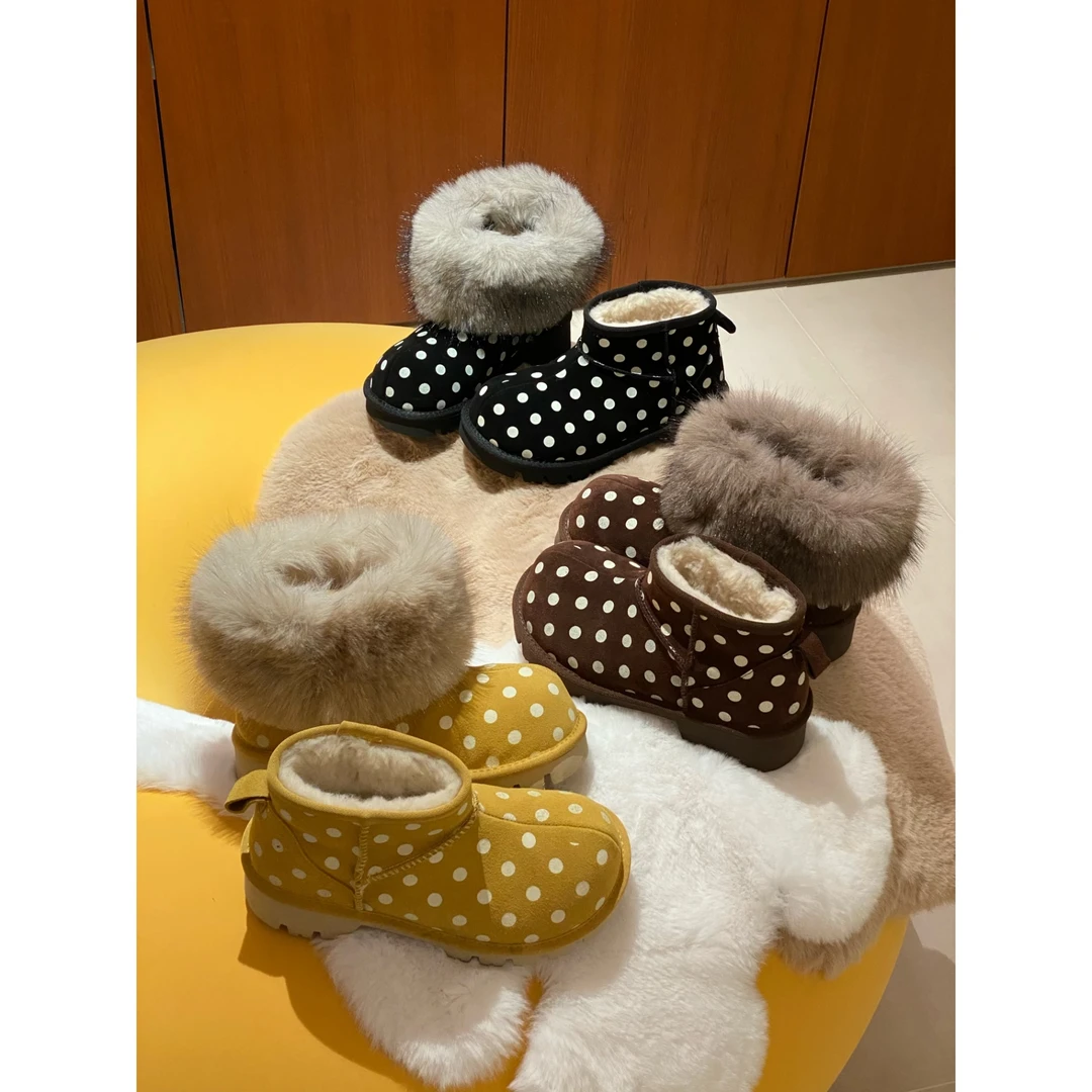 软皮版~复古两穿可拆卸厚底靴子女冬季波点雪地靴新款加绒毛毛靴