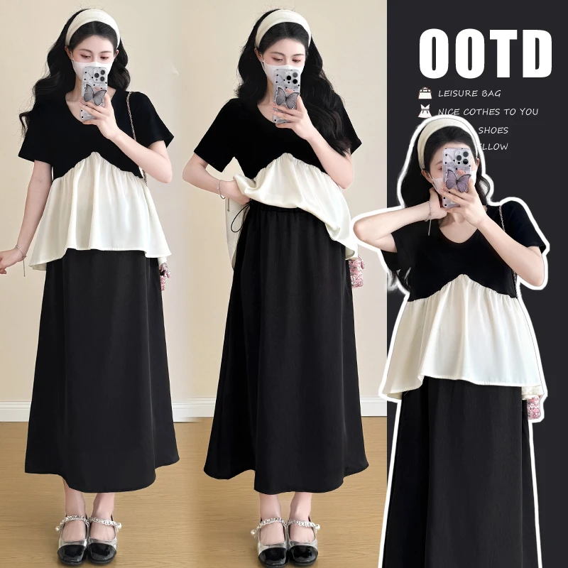 R553#4.2 2025夏季孕妇针织弹力遮肉显瘦上衣+半身裙孕妇两件套装