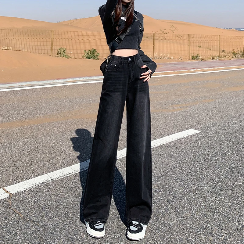 黑灰高腰窄版阔腿牛仔裤女2025冬季新款宽松加绒直筒垂感拖地裤子