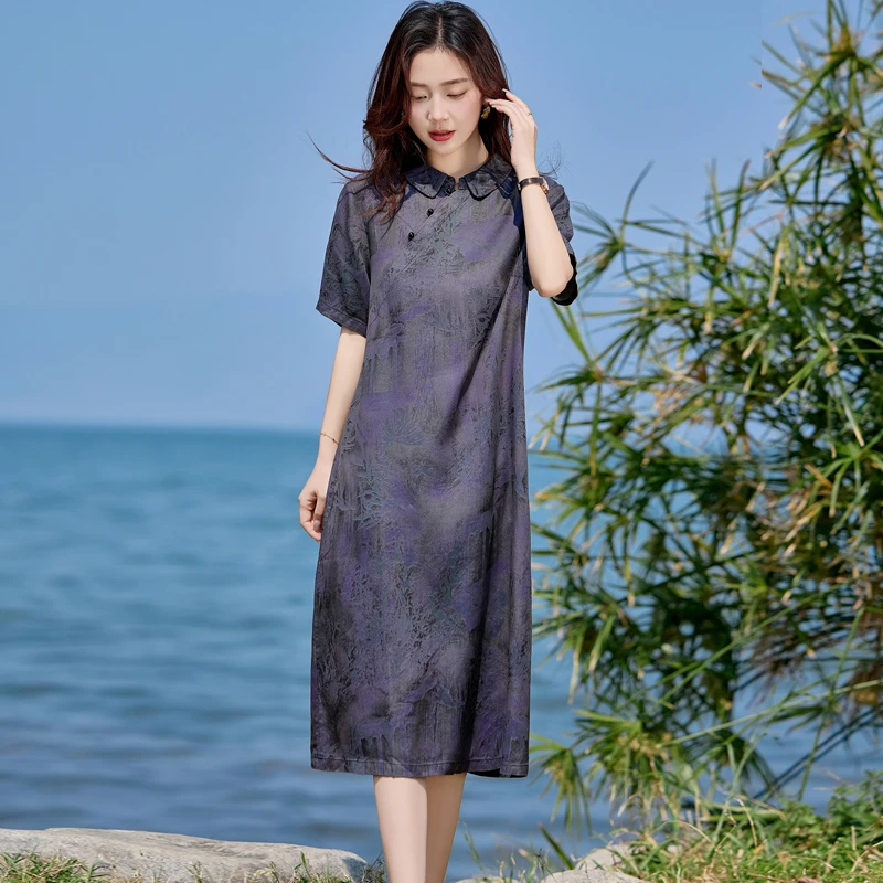 新中式短袖连衣裙女夏季新款宽松中长款翻领复古提花国风女装裙子