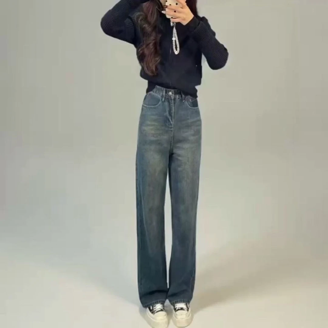 春季新款爆款高级感高腰显瘦百搭休息牛仔阔腿直筒裤复古水泥灰色