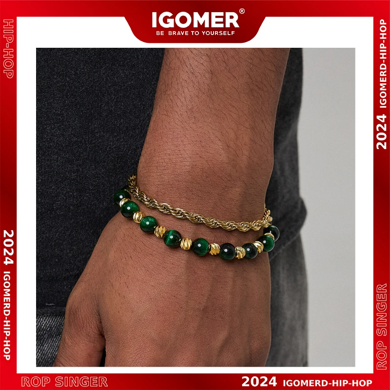 钛钢手链 IGOMER欧美绿虎眼石手链男士双层珠串潮流小众告白礼物